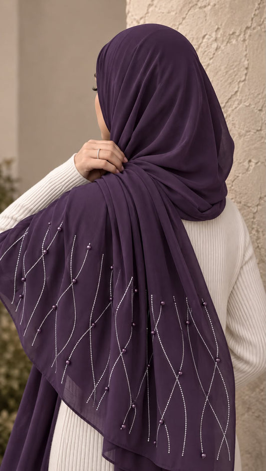 Deep purple chiffon georgette hijab with elegant stone and pearl embellishments