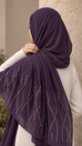 Deep purple chiffon georgette hijab with elegant stone and pearl embellishments