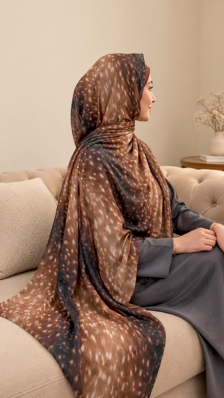 AYNN ALIF mocha deer print modal lawn hijab in brown, caramel beige and charcoal tones styled with a grey outfit.