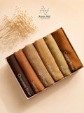 Earthy Essence Turkish lawn hijabs in standard size featuring chocolate brown, sienna, light brown, coffee brown, khaki and copper brown shades in breathable lightweight fabric.