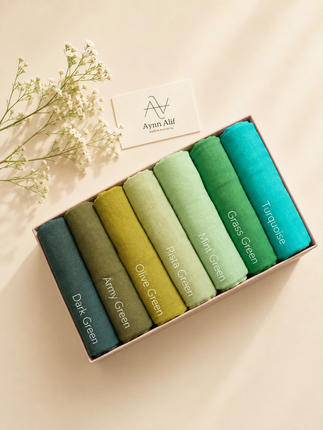 Emerald Breeze Turkish lawn large size hijabs featuring dark green, army green, olive green, pista green, mint green, grass green and turquoise shades.