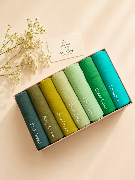 Emerald Breeze Turkish lawn large size hijabs featuring dark green, army green, olive green, pista green, mint green, grass green and turquoise shades.