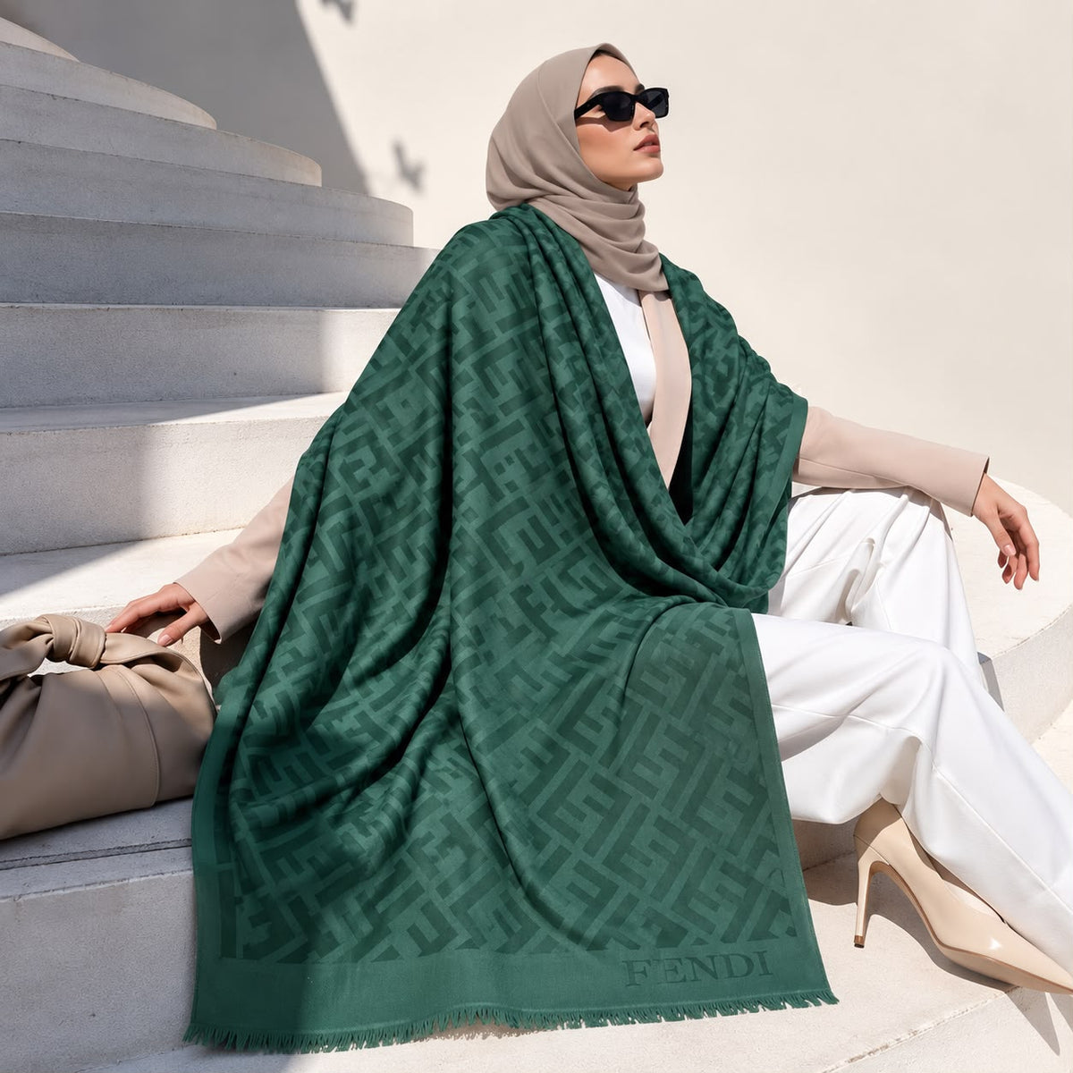 Emerald green geometric monogram-inspired pashmina wrap with tonal pattern, coordinating border and fringed edges styled for elegant winter layering.