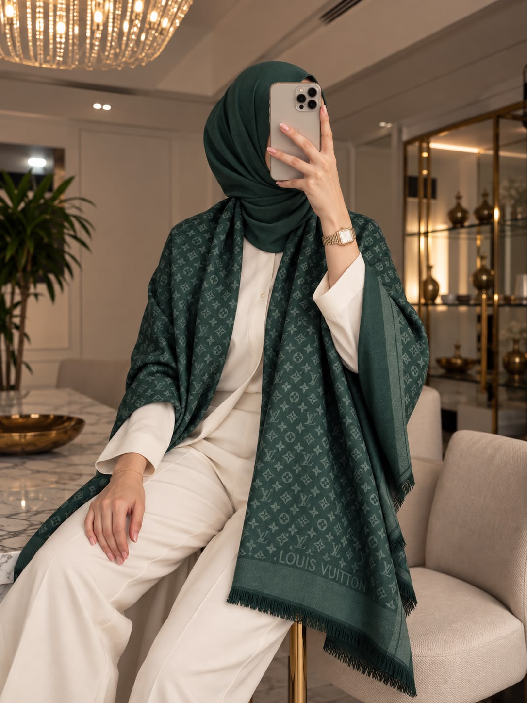 Forest green monogram-inspired pashmina wrap with tonal pattern, coordinating border and fringed edges for elegant winter styling.