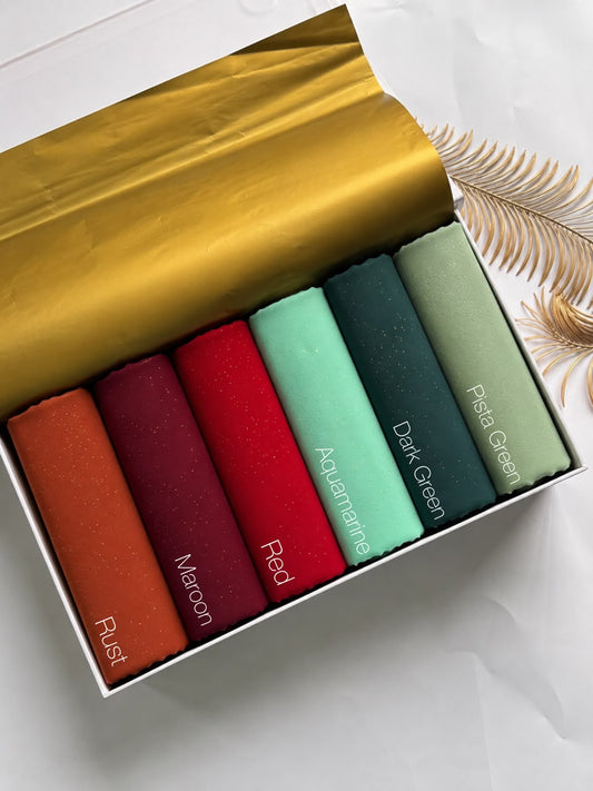 Aynn Alif glitter chiffon georgette hijab collection featuring Rust, Maroon, Red, Aquamarine, Dark Green,  and Pista Green shades in Pakistan.