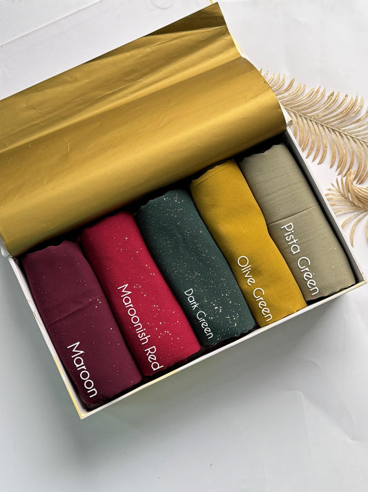 Aynn Alif glitter chiffon georgette hijab collection featuring Maroon, Maroonish Red, Dark Green, Olive Green and Pista Green shades in Pakistan.