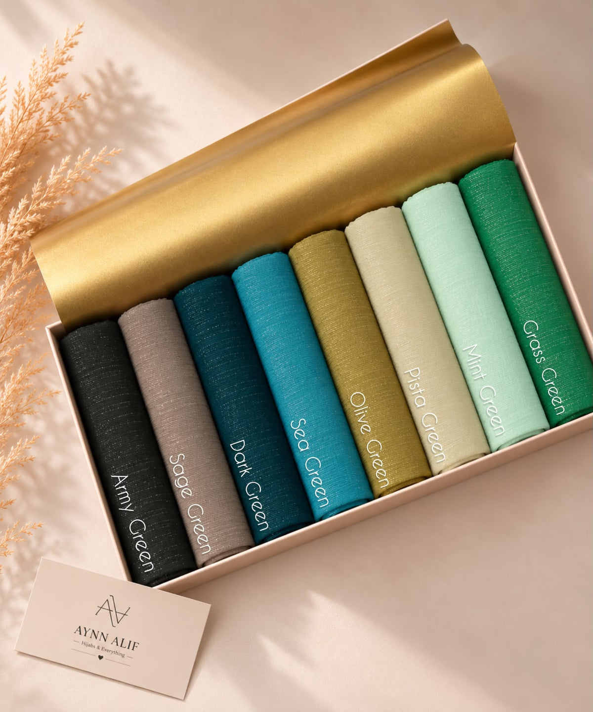 Chiffon Zari Hijab collection in Army Green, Sage Green, Dark Green, Sea Green, Olive Green, Pista Green, Mint Green and Grass Green