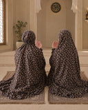 Espresso Blossom Mother & Daughter Matching Namaz Chaadar Set in dark brown floral lawn fabric with adjustable fit and wudu-friendly elastic sleeves.