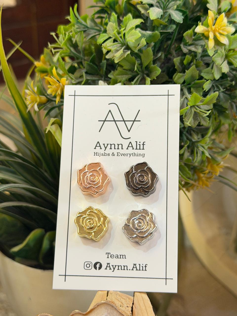 Floral metallic hijab magnets in rose gold, gold, silver and black shades by Aynn Alif