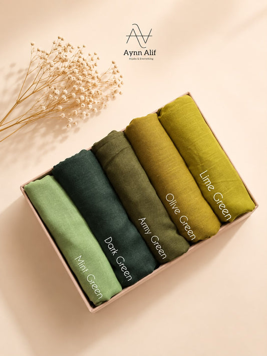 Forest Hues Turkish lawn hijabs in standard size featuring mint green, dark green, army green, olive green and lime green in breathable lightweight fabric.