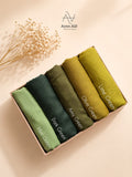 Forest Hues Turkish lawn hijabs in standard size featuring mint green, dark green, army green, olive green and lime green in breathable lightweight fabric.