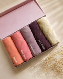 Aynn Alif Golden Dust Chiffon Georgette Hijab featuring golden embossed texture in Peach, Rose Pink, Lavender, Dark Purple and Pearl White premium chiffon fabric.