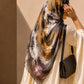Golden Ember square chiffon georgette hijab with golden brown, charcoal, ivory and dusty rose abstract print by Aynn Alif Pakistan