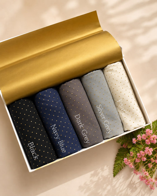 Black, Navy Blue, Dark Grey, Silver Grey and Pearl White golden dot embossed chiffon georgette hijabs in luxury gift box.
