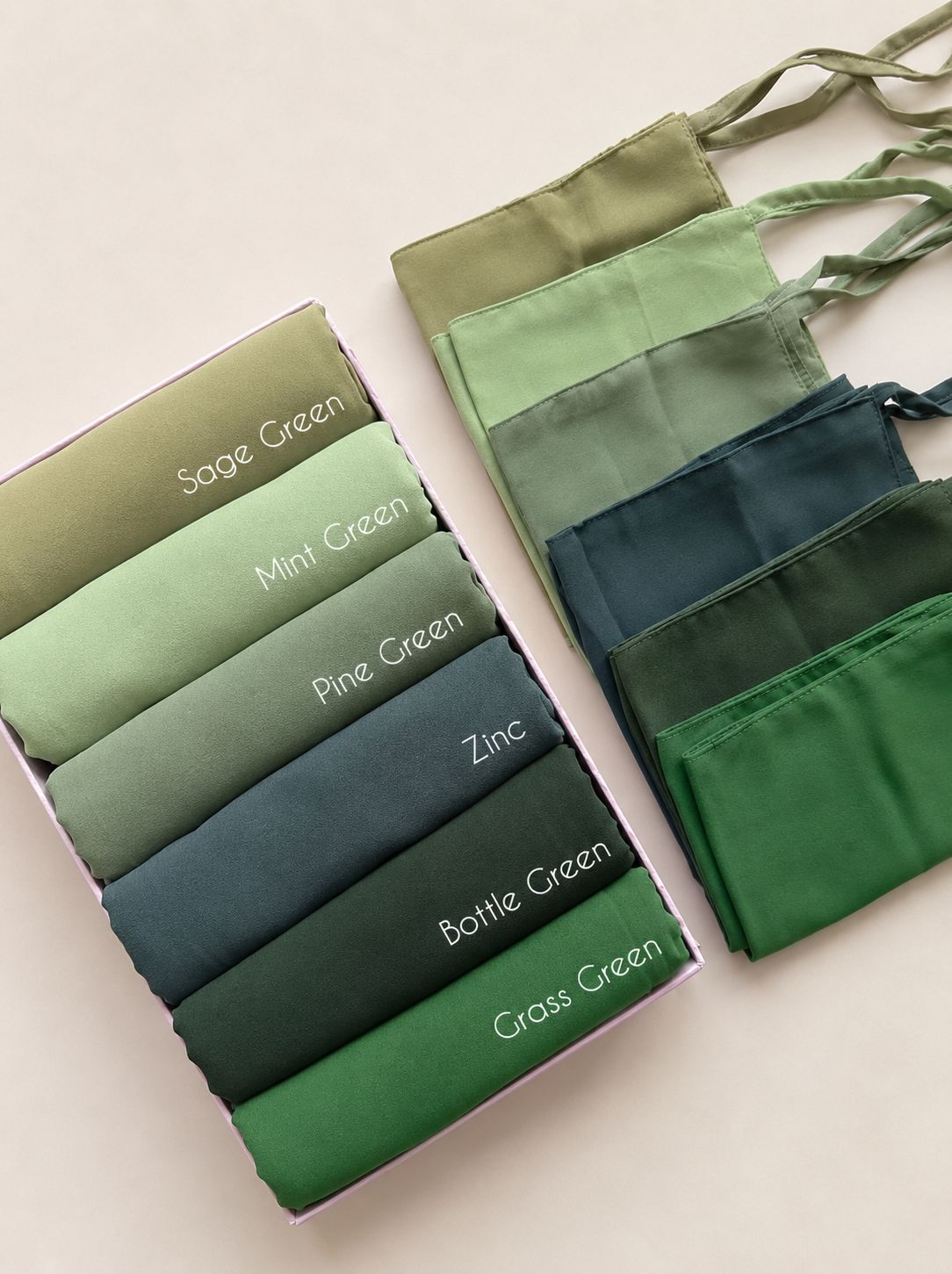 Chiffon georgette hijab niqab sets in Sage Green, Mint Green, Pine Green, Zinc, Bottle Green and Grass Green