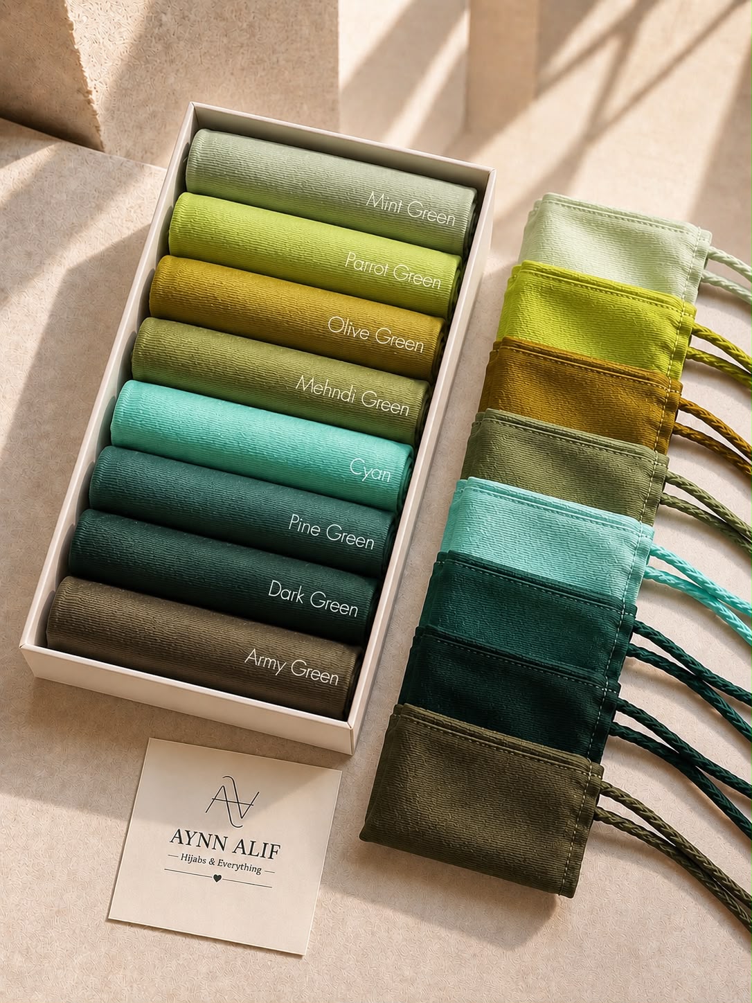 Crinkle silk hijab and matching niqab sets in Mint Green, Parrot Green, Olive Green, Mehndi Green, Cyan, Pine Green, Dark Green and Army Green.