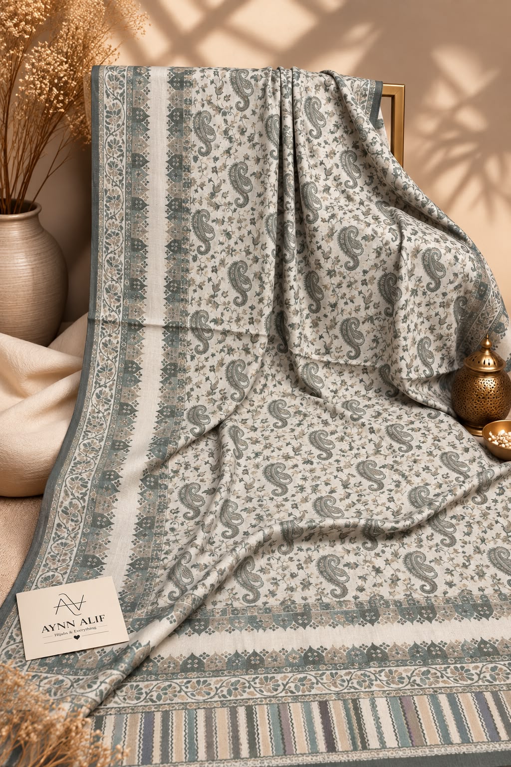 Green Kashmiri Kani shawl with an ivory base, intricate sage green paisley motifs, delicate floral patterns and decorative borders by Aynn Alif Pakistan