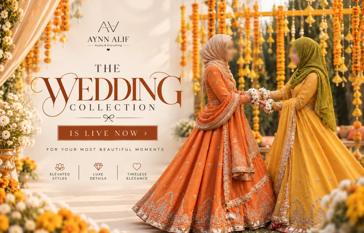 Aynn Alif Wedding Collection website banner featuring two elegant hijab looks in a luxurious floral wedding setting, promoting the new wedding collection.