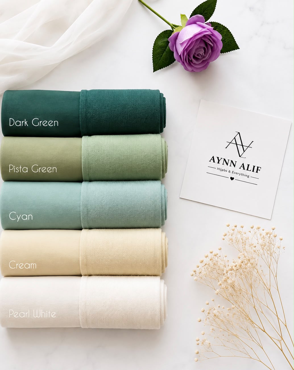 Aynn Alif Dark Green, Pista Green, Cyan, Cream and Pearl White chiffon georgette hijabs with matching plain jersey tube bands.