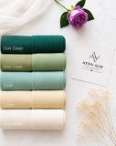 Aynn Alif Dark Green, Pista Green, Cyan, Cream and Pearl White chiffon georgette hijabs with matching plain jersey tube bands.