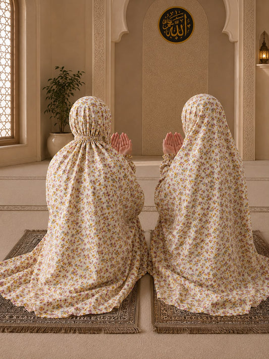 Ivory Blossom Mother & Daughter Matching Namaz Chaadar Set in cream floral lawn fabric with adjustable fit and wudu-friendly elastic sleeves.