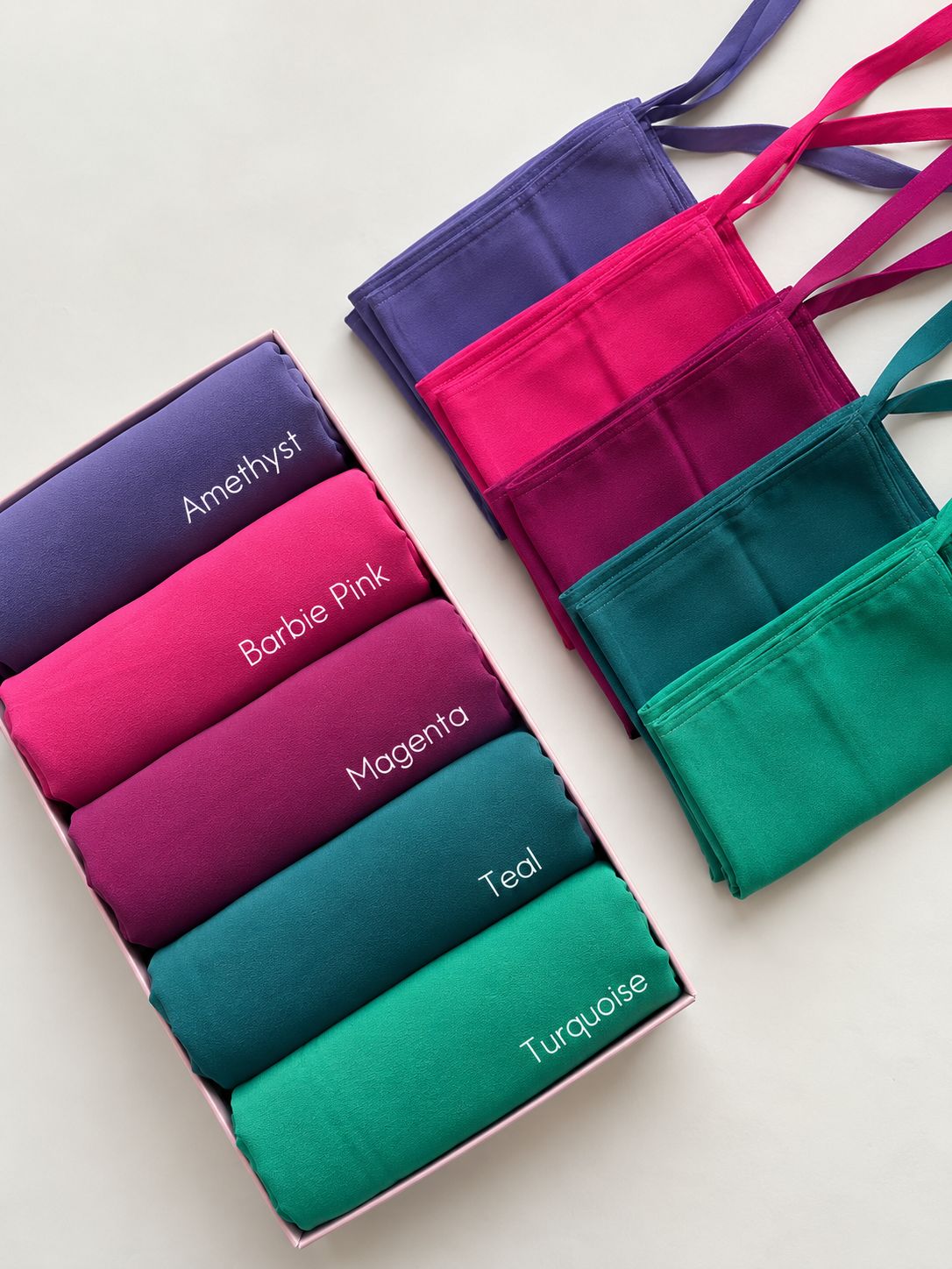 Chiffon georgette hijab and niqab set collection in Amethyst, Barbie Pink, Magenta, Teal and Turquoise shades.
