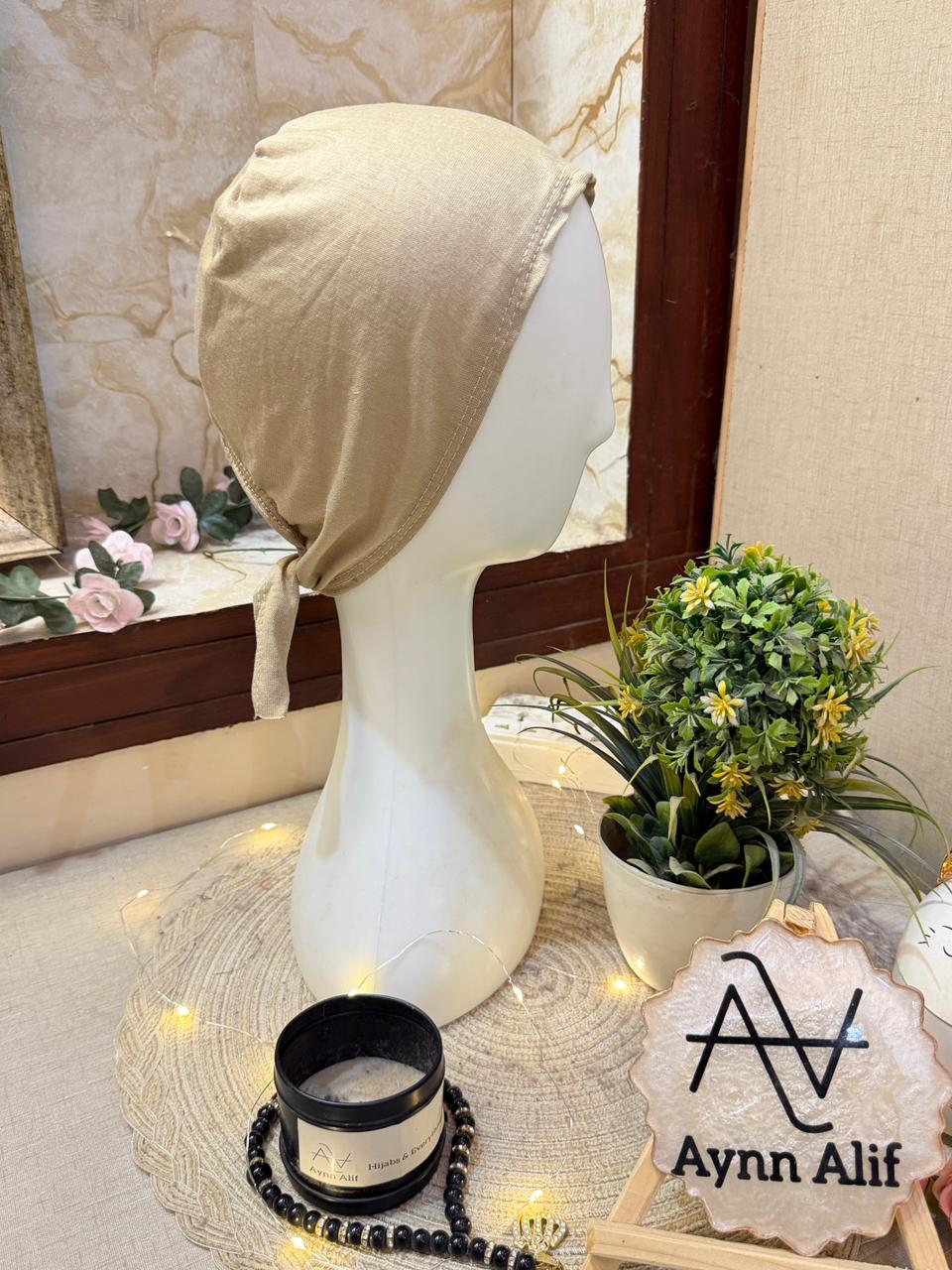 Khaki hijab undercap tie back underscarf breathable cap Aynn Alif