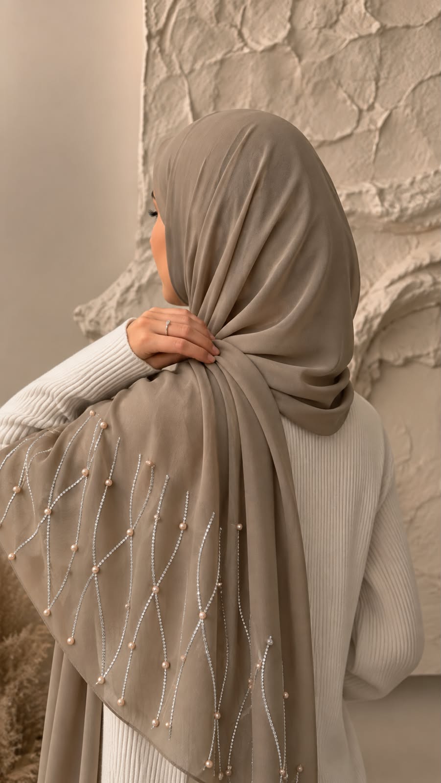 Khaki chiffon georgette hijab with elegant stone and pearl embellishments