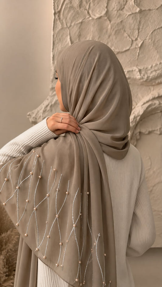 Khaki chiffon georgette hijab with elegant stone and pearl embellishments