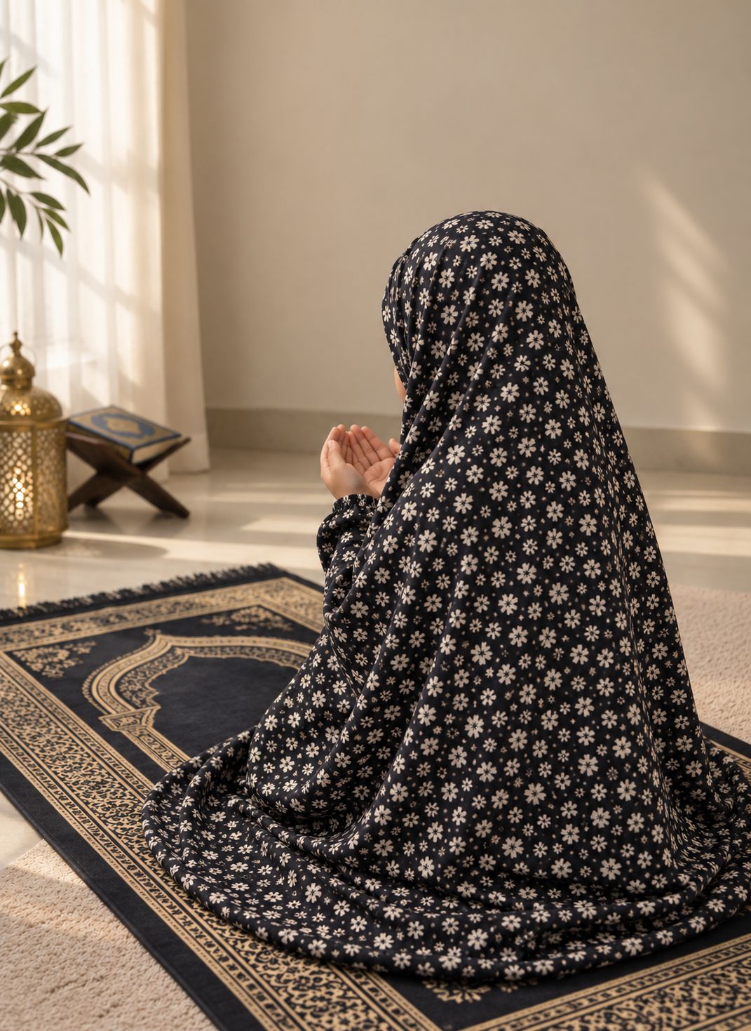 Aynn Alif black daisy floral kids Namaz Chaadar in soft lawn fabric with elastic sleeves and under-chin fit, designed for children aged 5–9 years