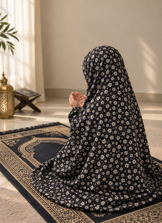 Aynn Alif black daisy floral kids Namaz Chaadar in soft lawn fabric with elastic sleeves and under-chin fit, designed for children aged 5–9 years