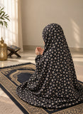 Aynn Alif black daisy floral kids Namaz Chaadar in soft lawn fabric with elastic sleeves and under-chin fit, designed for children aged 5–9 years