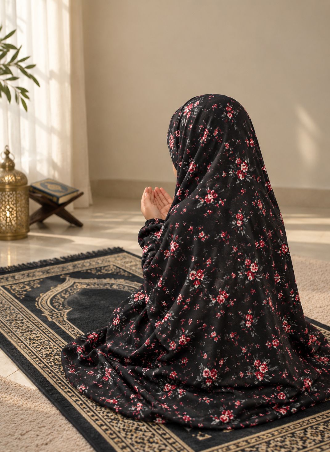 Aynn Alif black floral kids Namaz Chaadar in soft lawn fabric with elastic sleeves and under-chin fit, designed for girls aged 5–9 years.