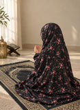 Aynn Alif black floral kids Namaz Chaadar in soft lawn fabric with elastic sleeves and under-chin fit, designed for girls aged 5–9 years.