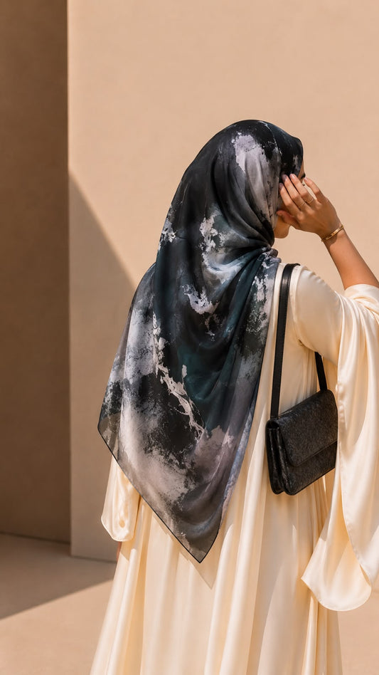 Late night Mist black and charcoal square chiffon georgette hijab with abstract grey and blue-green print by Aynn Alif Pakistan
