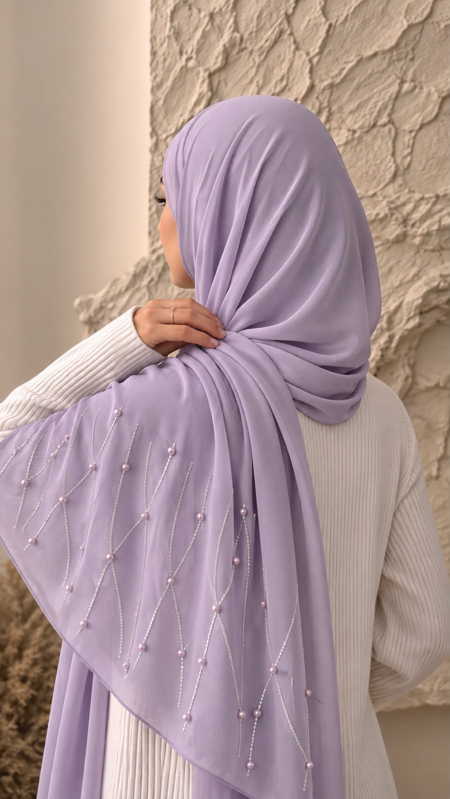 Lavender chiffon georgette hijab with delicate stone and pearl embellishments
