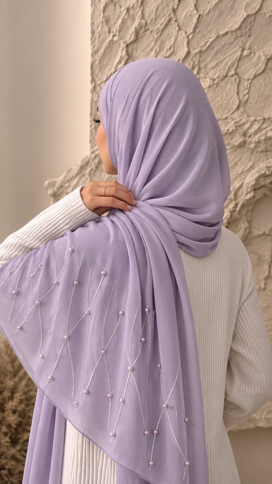 Lavender chiffon georgette hijab with delicate stone and pearl embellishments