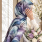Aynn Alif Lavender Waves printed sheen silk hijab in lilac, lavender, powder blue, grey and white flowing wave print