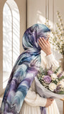 Aynn Alif Lavender Waves printed sheen silk hijab in lilac, lavender, powder blue, grey and white flowing wave print