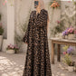 Leopard print front open double-flare abaya in a flowy silhouette, styled with a neutral hijab in a garden setting.