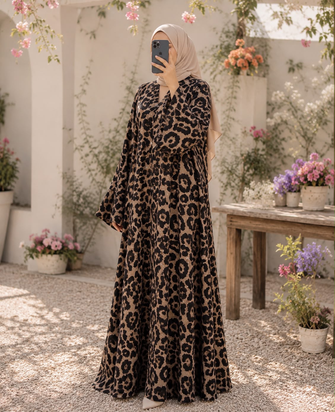 Leopard print front open double-flare abaya in a flowy silhouette, styled with a neutral hijab in a garden setting.