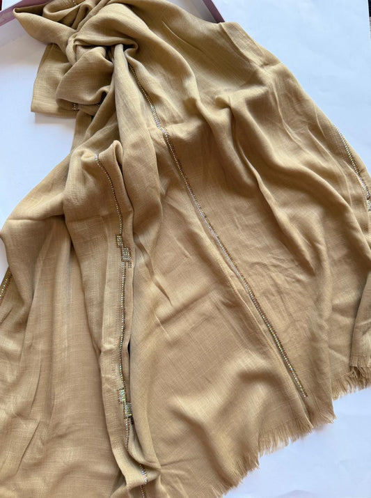 Light brown Turkish lawn hijab with crystal embellishments soft breathable modest scarf