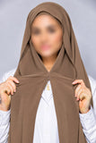 Light brown instant chiffon georgette hijab with attached tube band and built-in magnet for easy and effortless everyday styling.