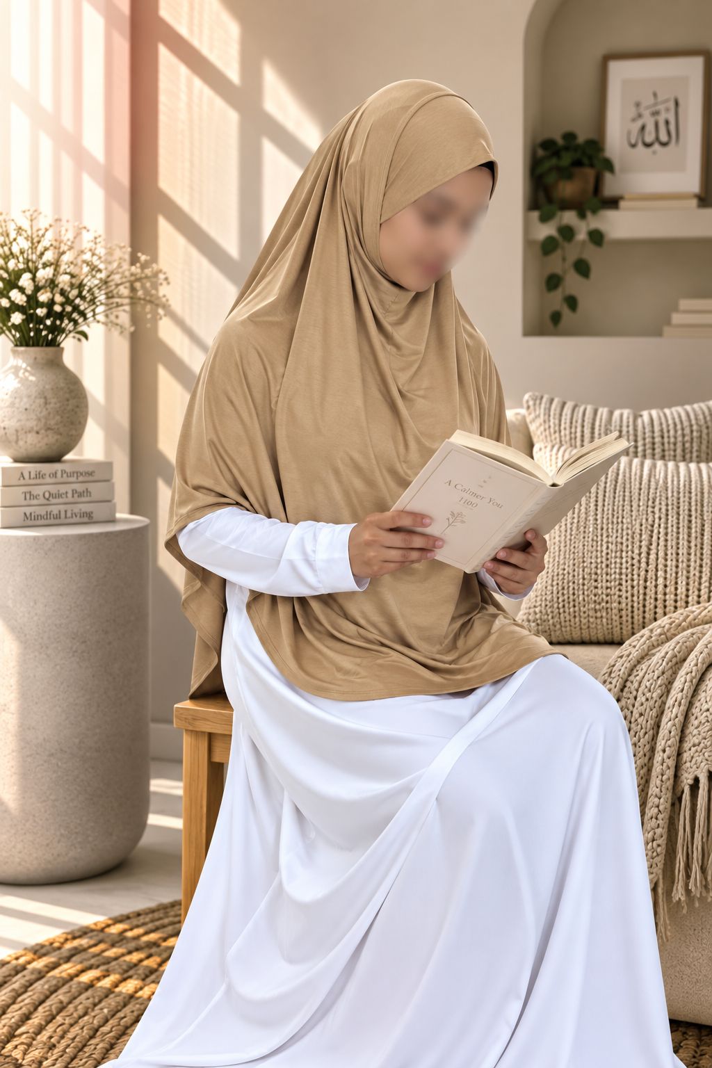 Girl wearing a Light Brown colour Aynn Alif teens jersey makhna scarf with adjustable back elastic, designed for a secure and comfortable fit for ages 11–16.