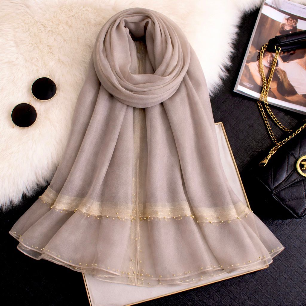 Beige khaadi silk hijab with golden pearl organza border detail