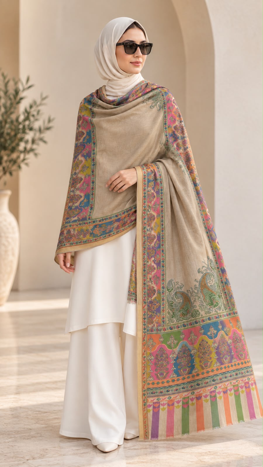 Light brown printed pashmina shawl with colourful paisley and floral motifs, featuring berry pink, teal, olive green, and purple decorative borders, styled over a cream outfit.