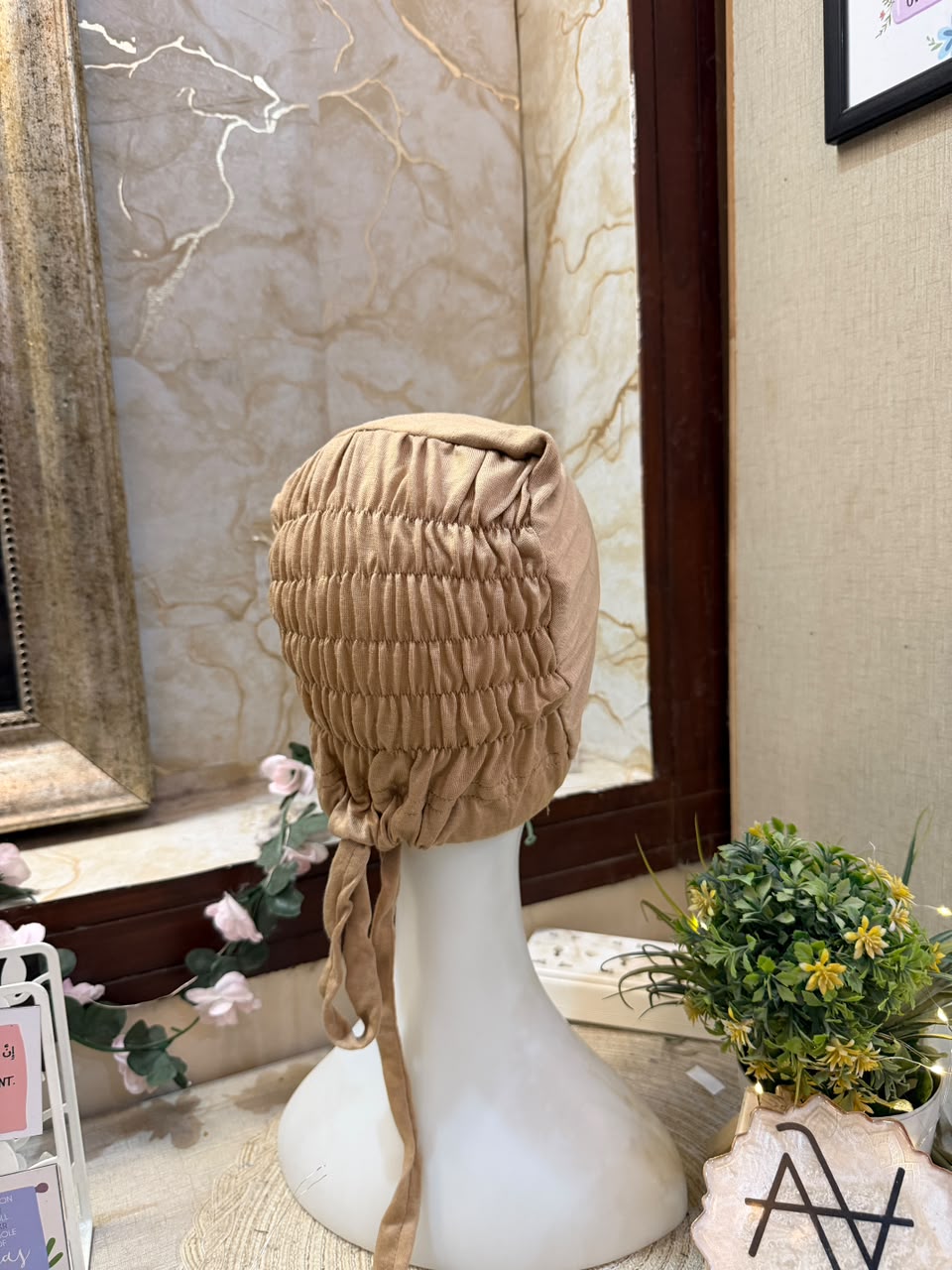 Light Brown ruched tie back hijab cap made from soft breathable jersey with full head coverage and adjustable tie-back by Aynn Alif.