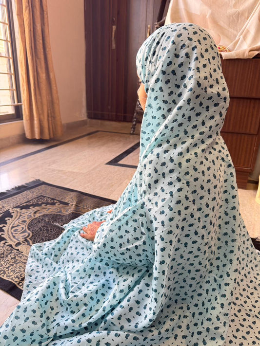 Light ferozi kids namaz chaadar with printed design elastic chin and sleeves modest prayer dress for girls