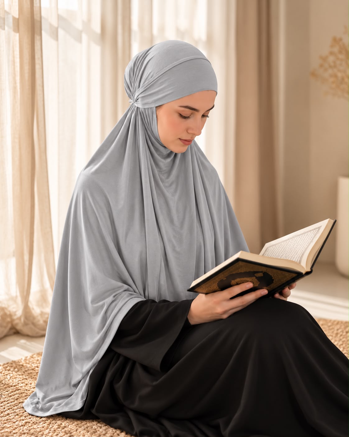 Aynn Alif Light Grey Jersey Adult Makhna / Ehram with adjustable elastic face opening, free-size sleeveless design for women's Namaz, Hajj and Umrah.