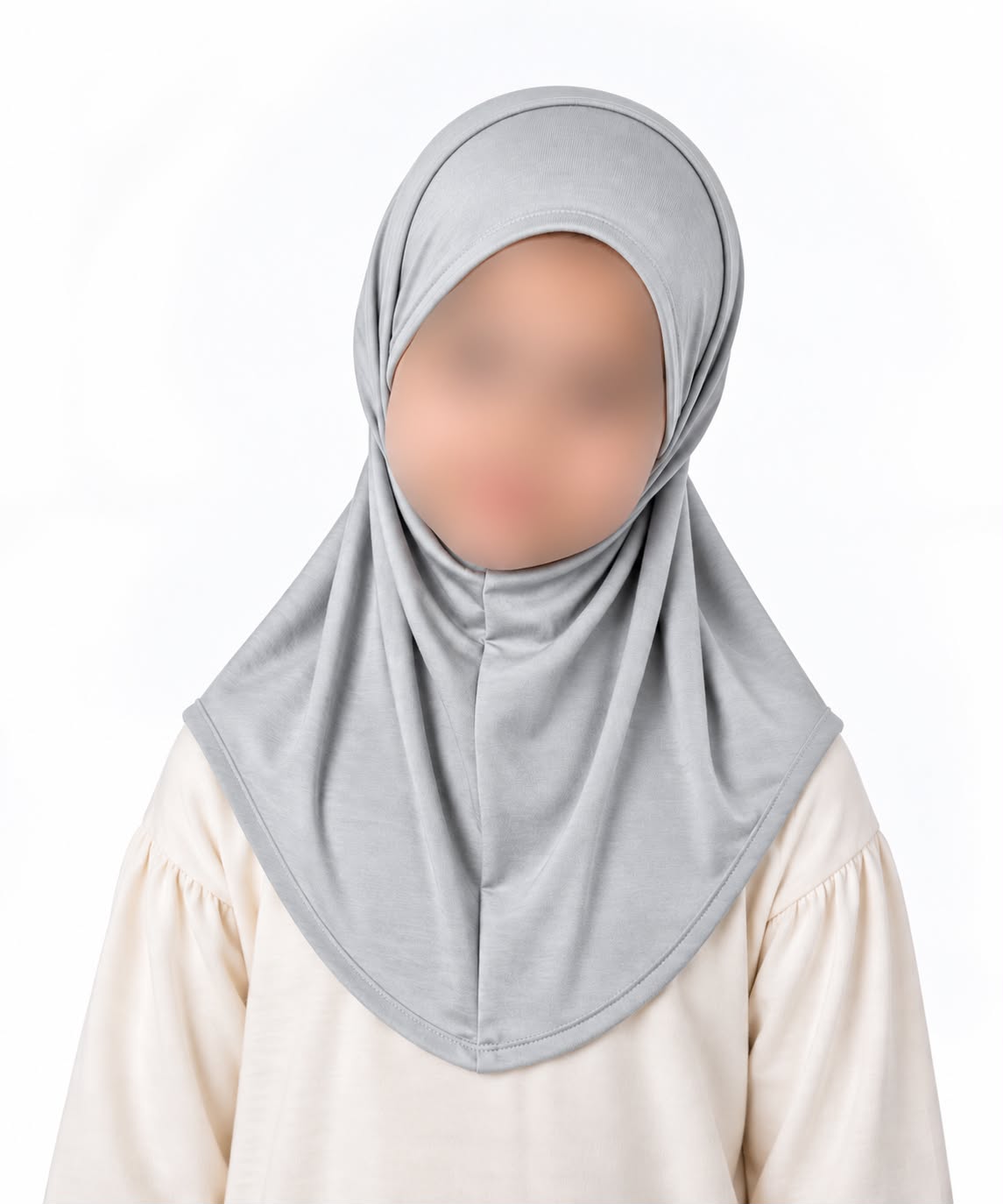 Light grey kids jersey hijab scarf for girls age 5-9 years in Pakistan with breathable soft jersey fabric and modest coverage.
